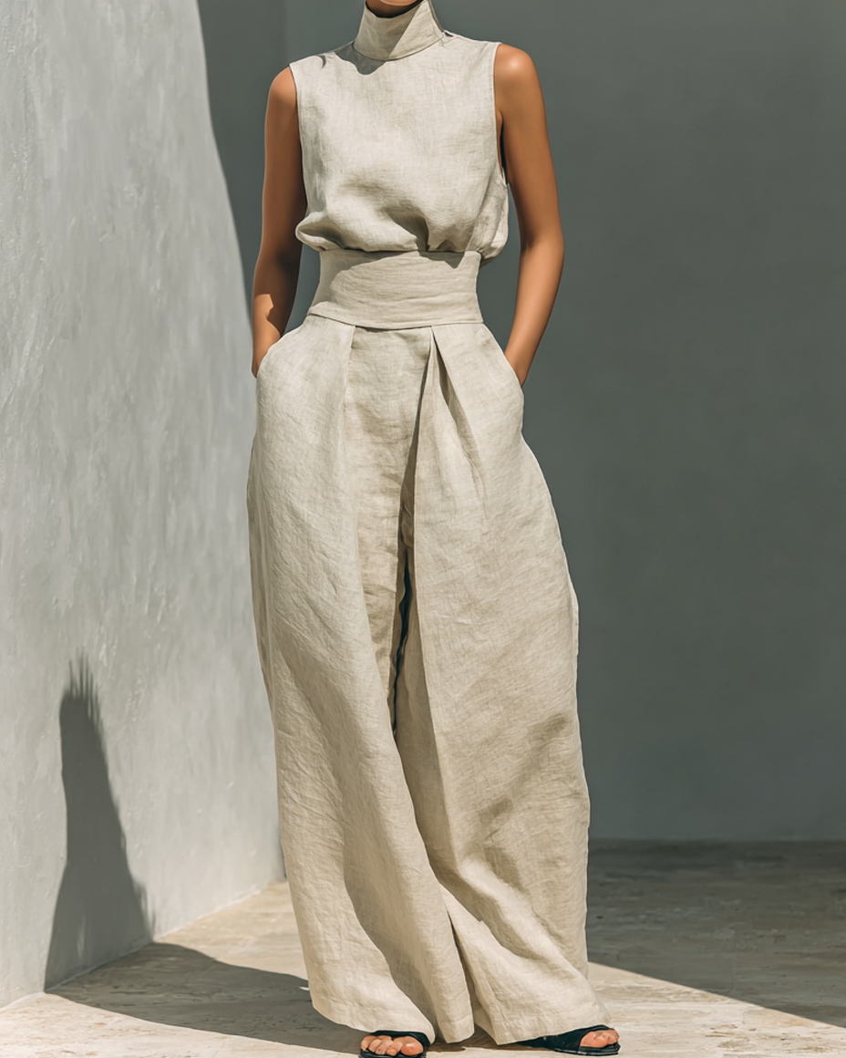Maria - Complete set with tank top and wide-leg pants in minimalist cotton and linen for women