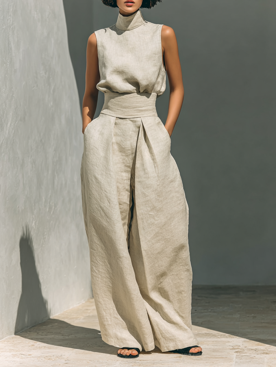 Maria - Complete set with tank top and wide-leg pants in minimalist cotton and linen for women