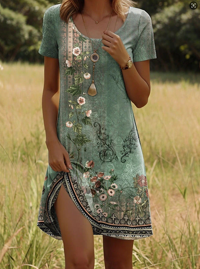 Kara | Trendy Dress with Round Neck and Floral Indian Accents