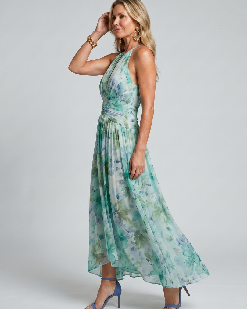Portia | Pleated Halter Soft Floral Pattern Midi Dress