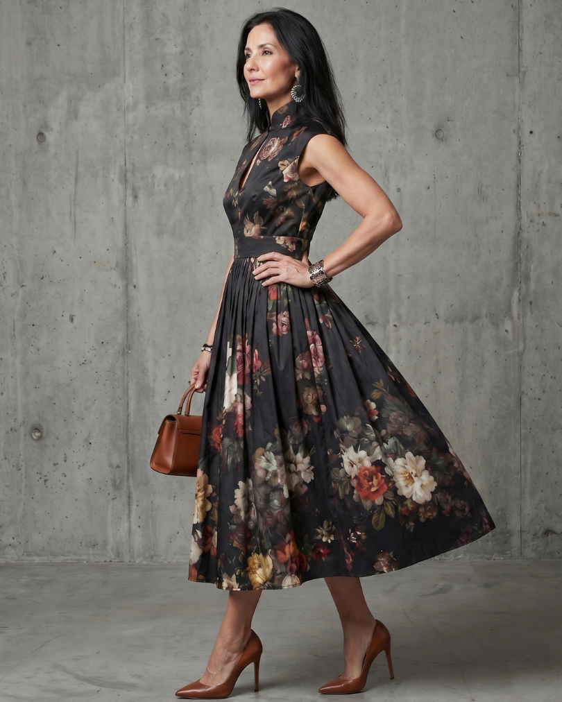 Greta | High Neck Keyhole Floral Pleated Midi Dress