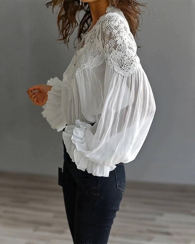 Lace Women's Blouse | with V-neck and puffed sleeves