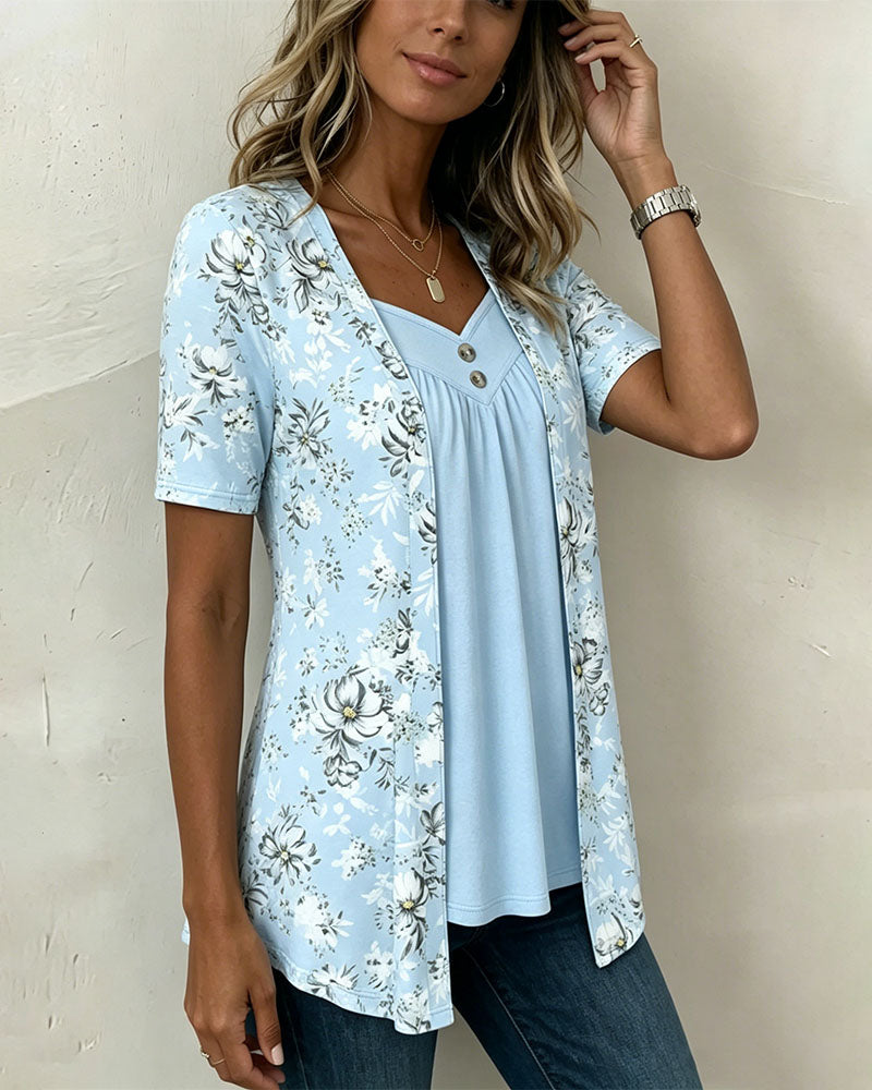 Flower Pattern T-Shirt False Two-Piece