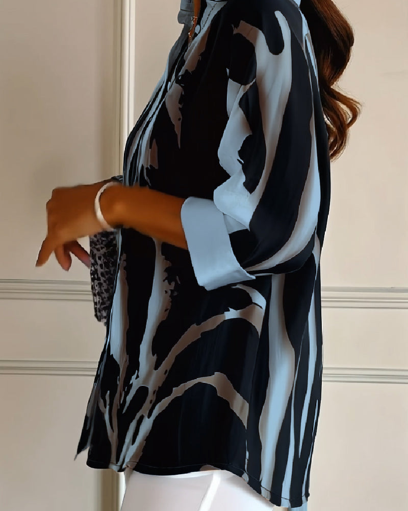 Women's Oversized Blouse with Print and Buttons