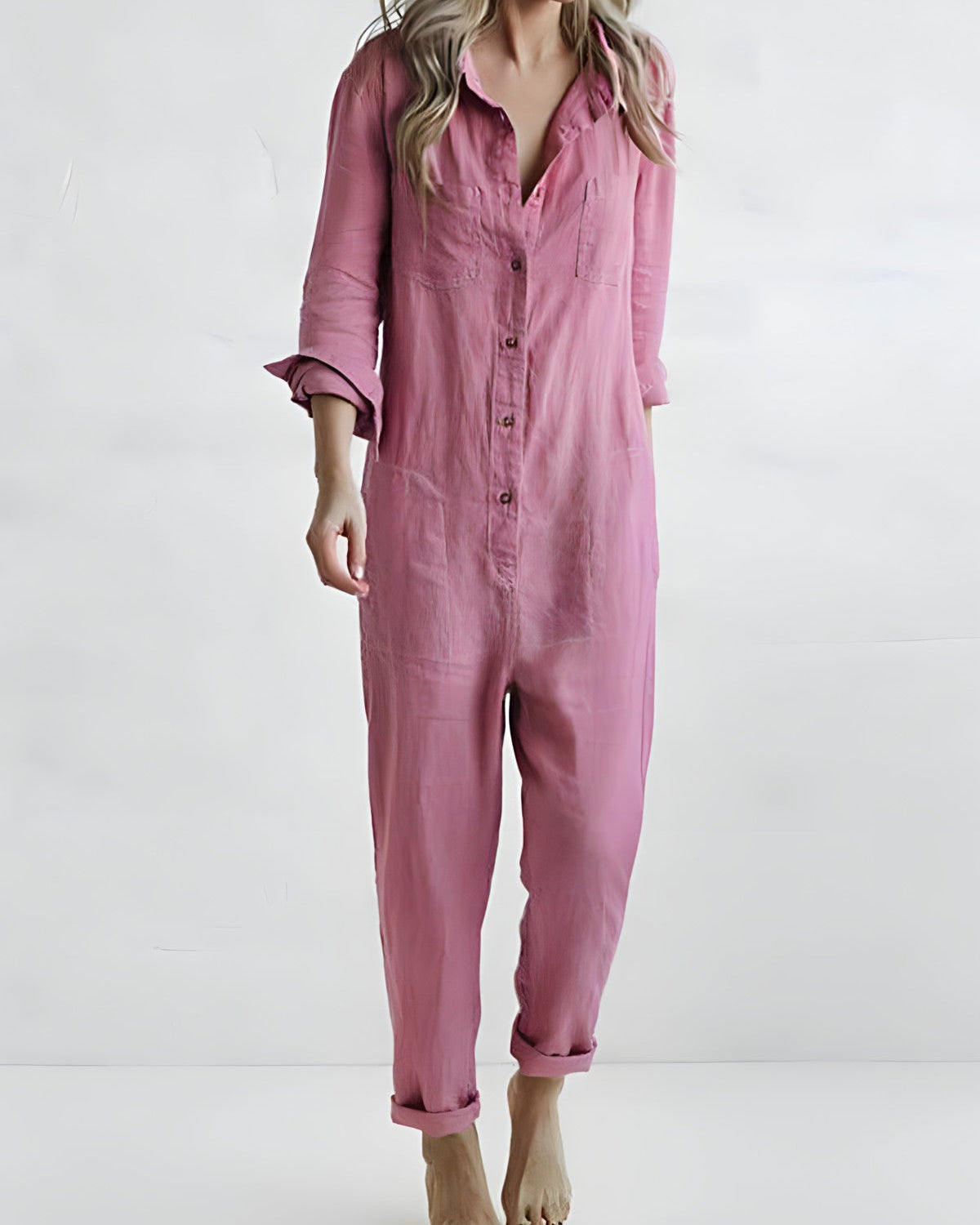 Women’s Button-Up Long Sleeve Jumpsuit with Relaxed Fit