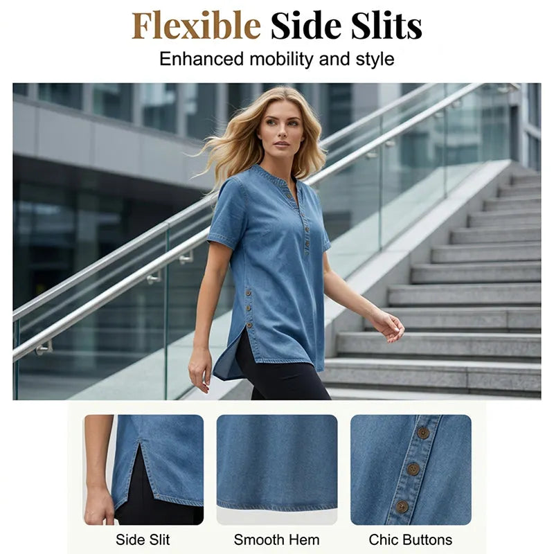 Lightweight Denim Tunic for Women with Short Sleeves and Decorative Buttons