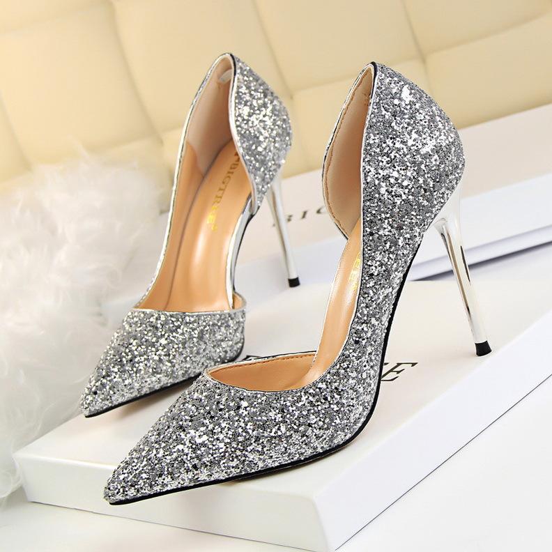 Women’s Pointed Toe High Heel Pumps with Glitter Finish