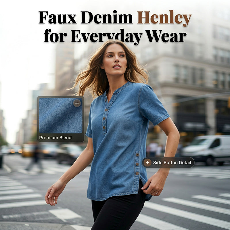Lightweight Denim Tunic for Women with Short Sleeves and Decorative Buttons