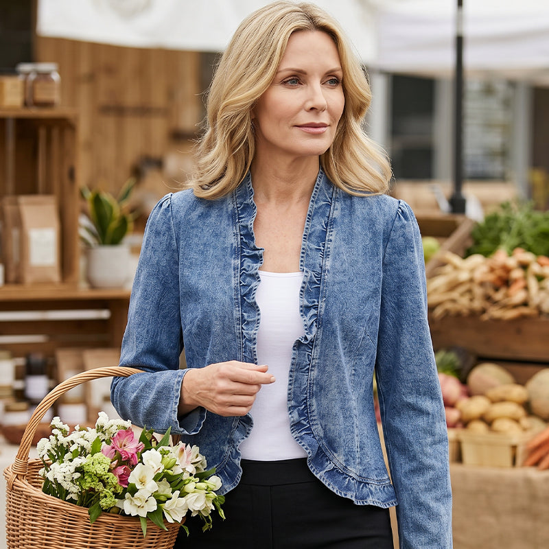 Women's Open Front Denim Jacket with Ruffle Trim