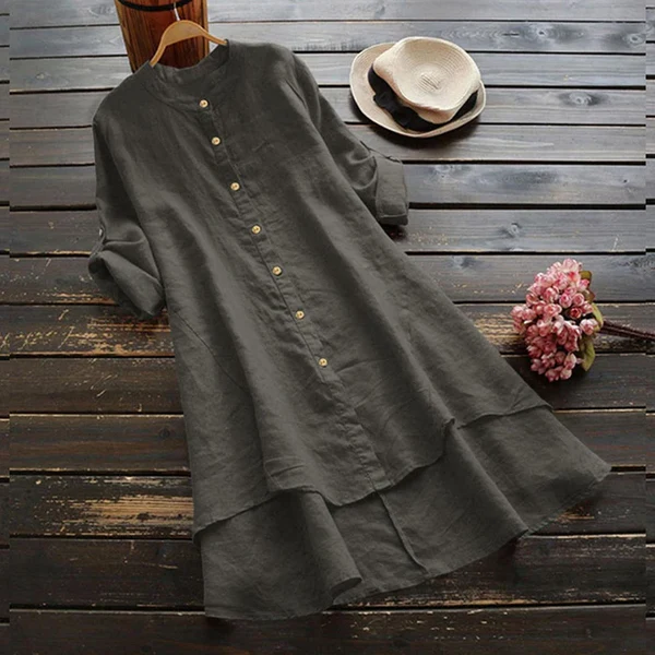 Women's midi dress with button closure, loose fit, and layered hem