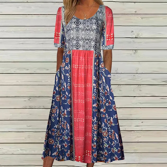 Peyton | Women's Boho Printed Square Neck Short Sleeve Midi Dress