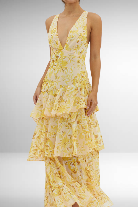 Women's maxi dress with a V-neck and ruffles