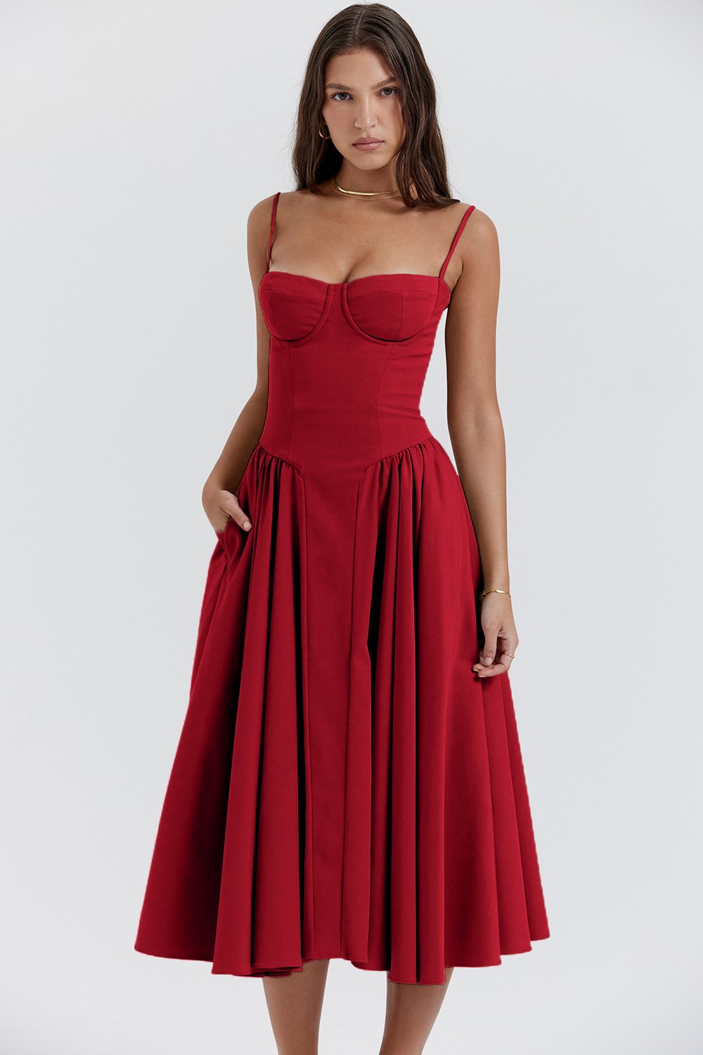 Women’s Elegant Midi Dress with Spaghetti Straps and Flared Skirt
