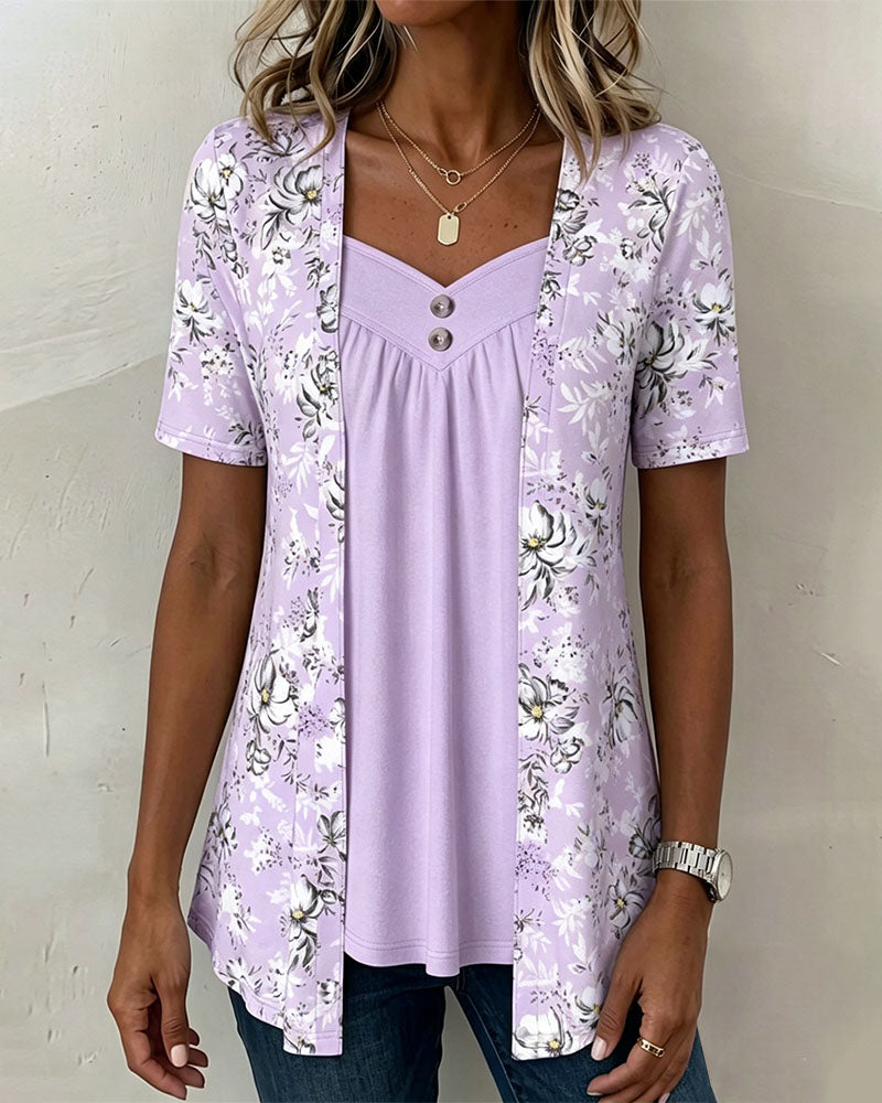 Flower Pattern T-Shirt False Two-Piece