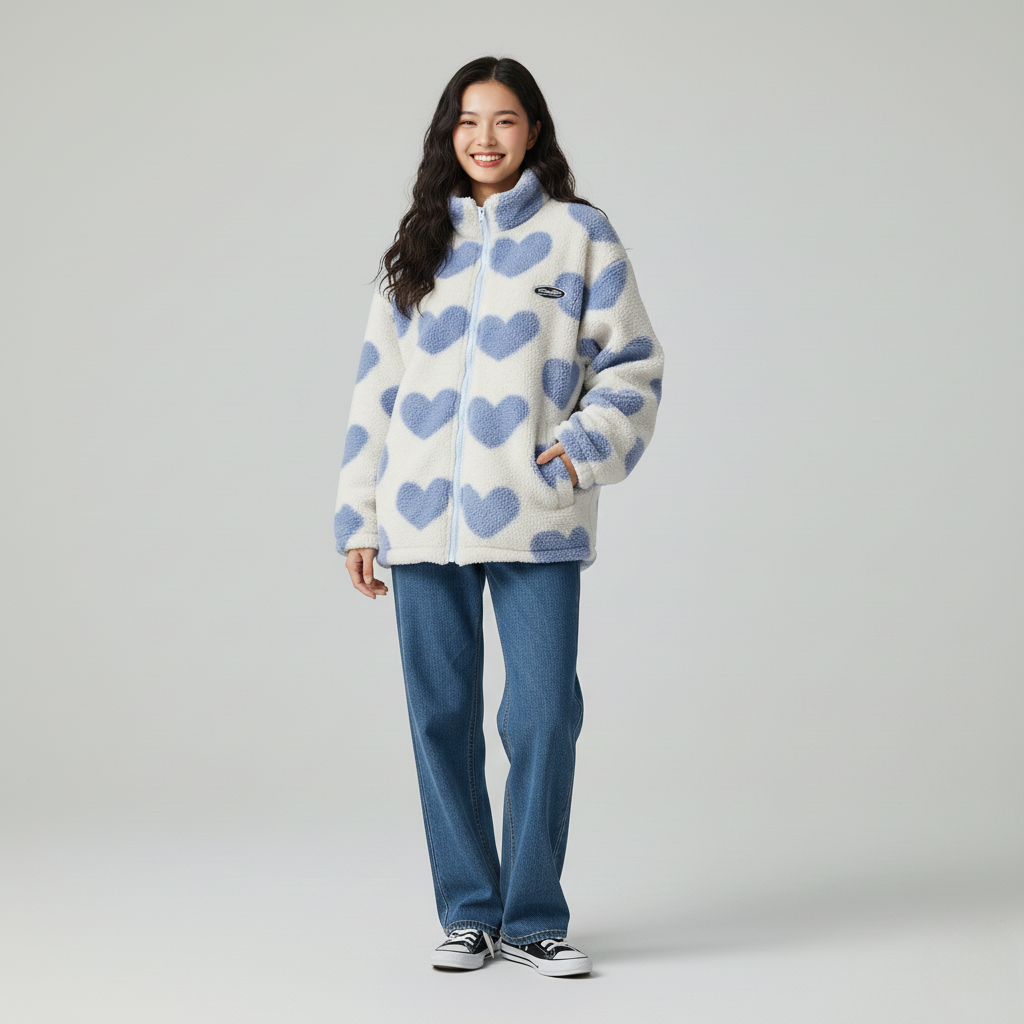Women's Fleece Jacket with Zipper and Heart Pattern