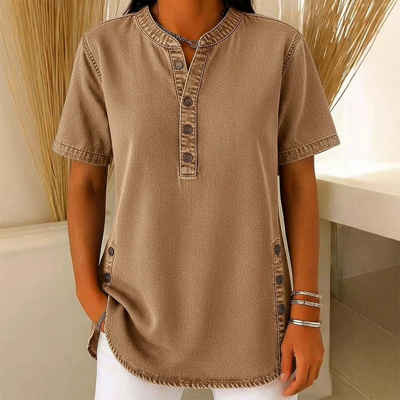 Lightweight Denim Tunic for Women with Short Sleeves and Decorative Buttons