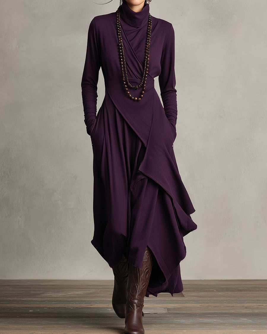 Natalia | Asymmetrical Knit Maxi Dress with Turtleneck