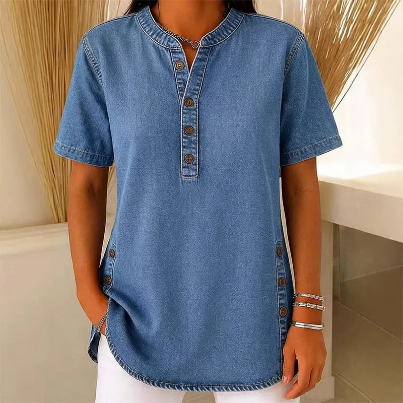 Lightweight Denim Tunic for Women with Short Sleeves and Decorative Buttons