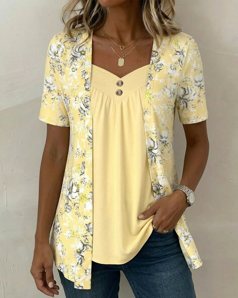 Flower Pattern T-Shirt False Two-Piece