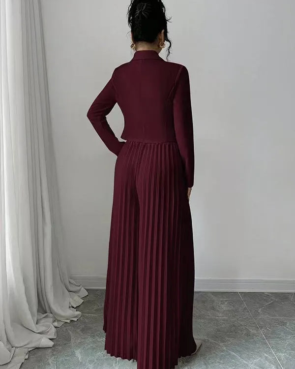 Women's Two Piece Suit Set - Cropped Blazer and Pleated Wide-Leg Pants