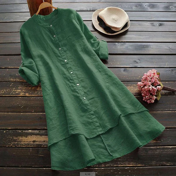 Women's midi dress with button closure, loose fit, and layered hem
