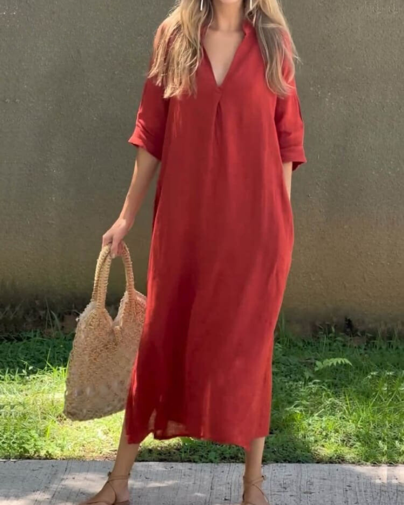 Women's Midi Dress with V-Neck in Loose Fit
