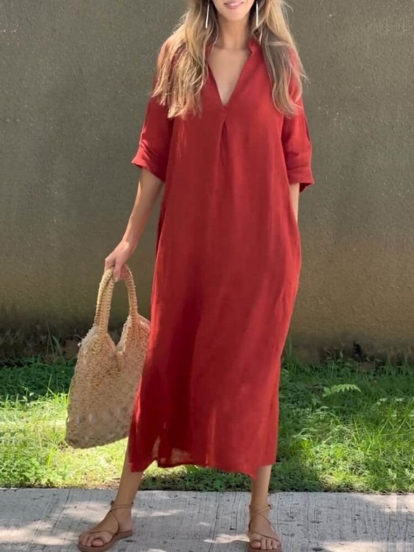 Women's Midi Dress with V-Neck in Loose Fit