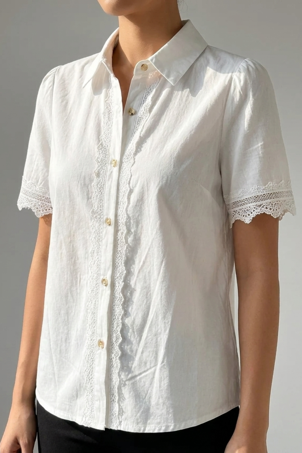 Vintage-Inspired Lace Trim White Blouse