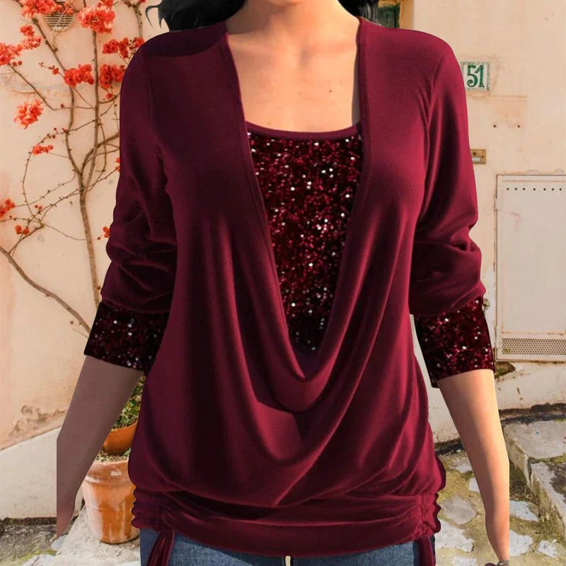 Women's blouse with sequin panel and draped neckline