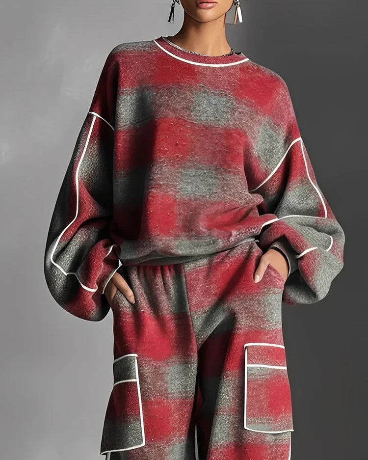 Red and Gray Checkered T-Shirt with Sweatpants - Two-Piece Set