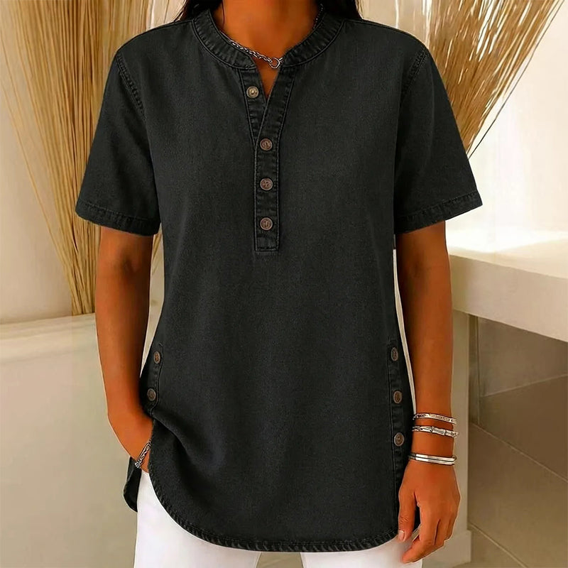 Lightweight Denim Tunic for Women with Short Sleeves and Decorative Buttons