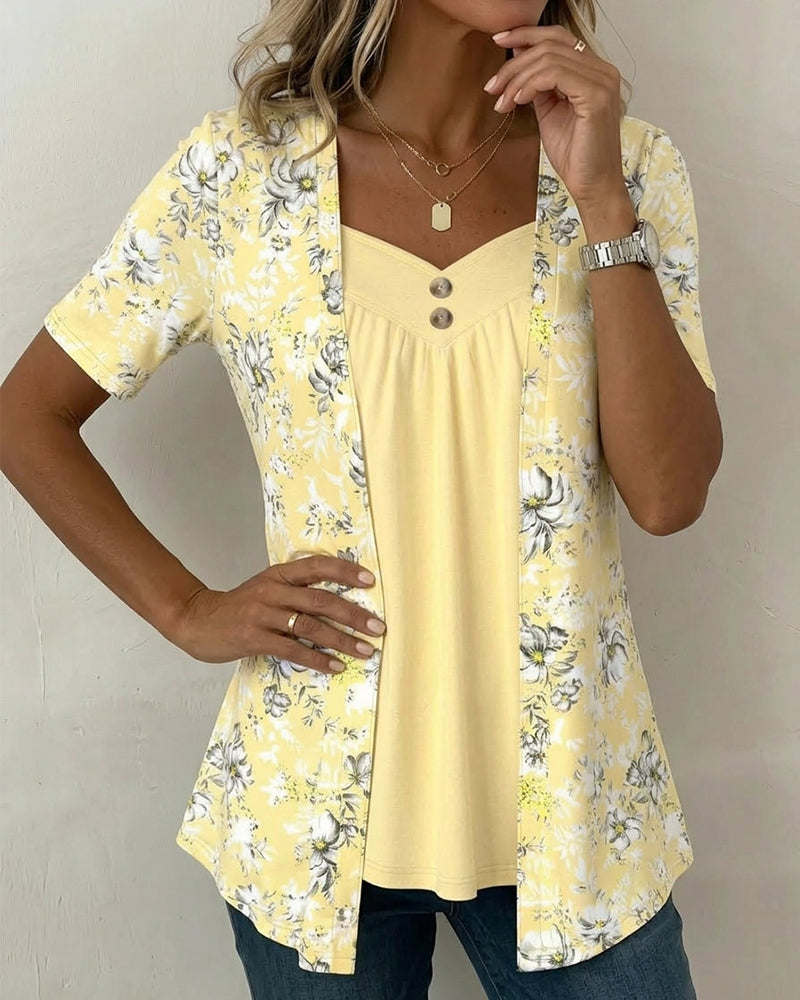 Flower Pattern T-Shirt False Two-Piece