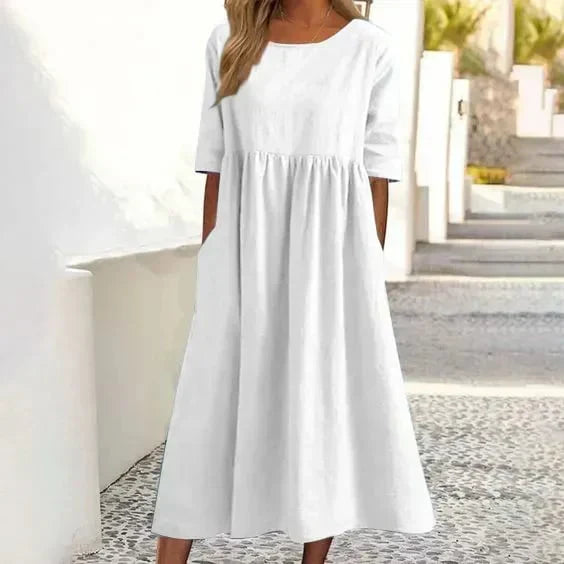 Women’s Relaxed Midi Dress with Round Neck and Short Sleeves