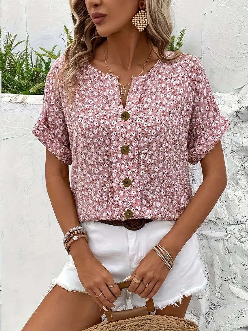 Women's Floral Print Short Sleeve Button-Front Blouse