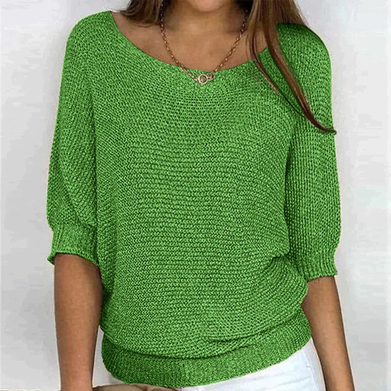 Solid Color Sweater with Round Neck and 3/4 Sleeves