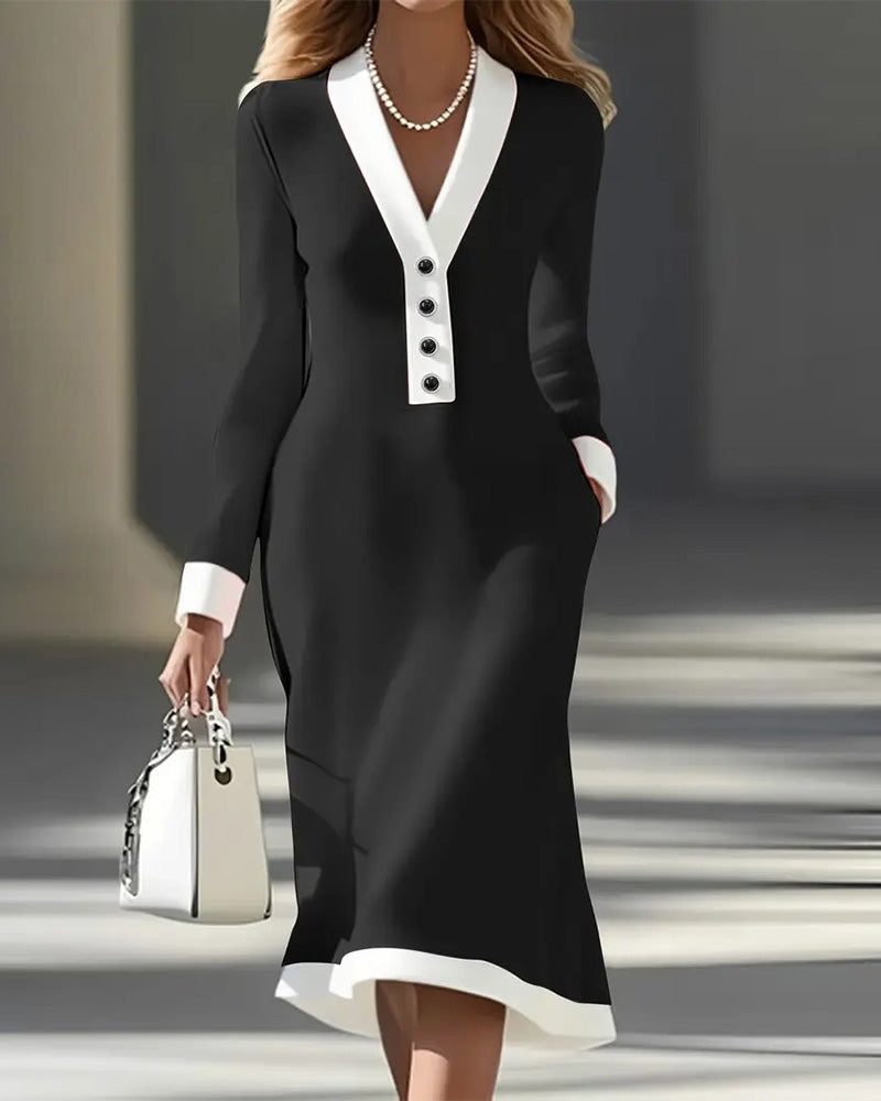 Women's Midi Dress with Long Sleeves and Buttons