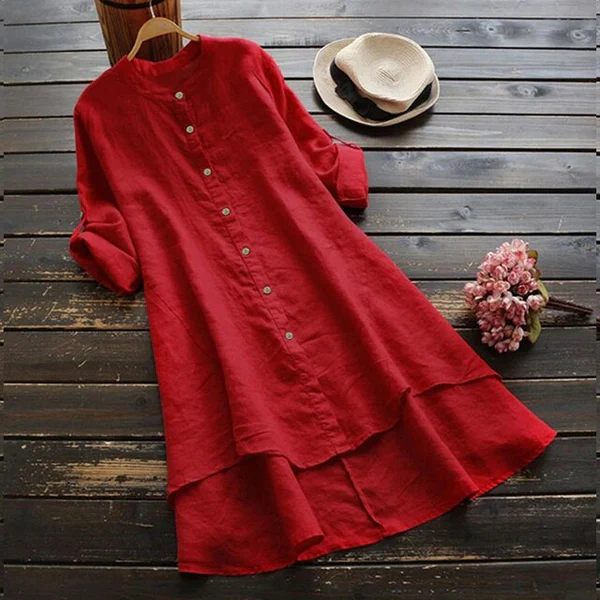 Women's midi dress with button closure, loose fit, and layered hem