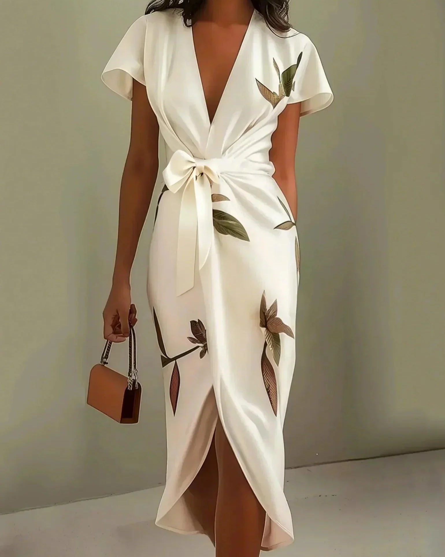 Judy | White Leaf Short Sleeve Midi Dress