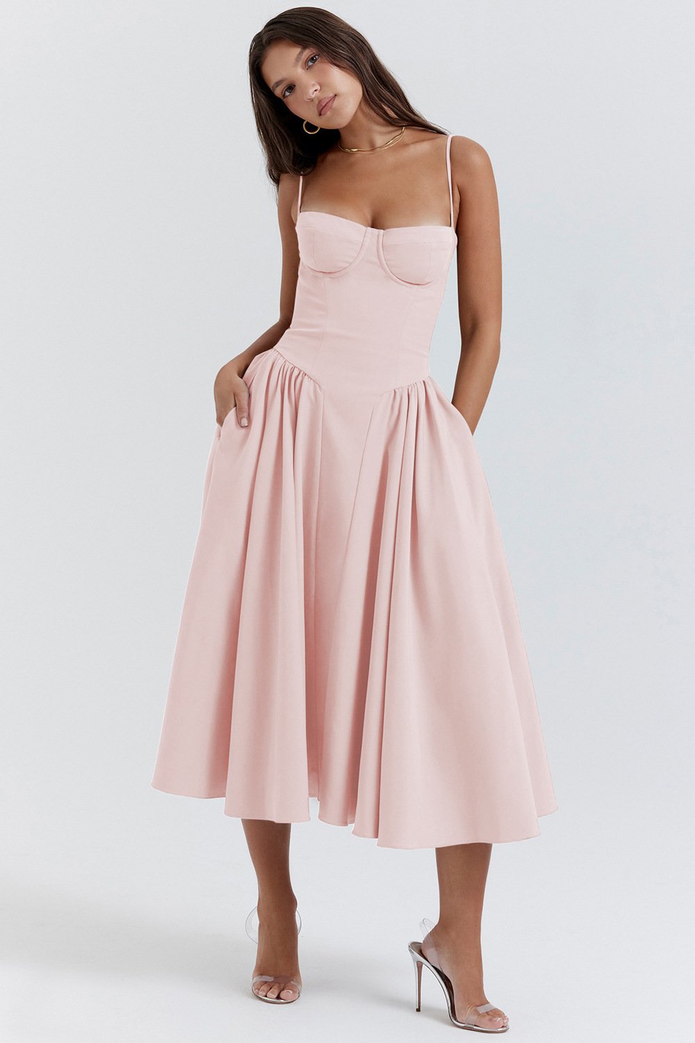 Women’s Elegant Midi Dress with Spaghetti Straps and Flared Skirt