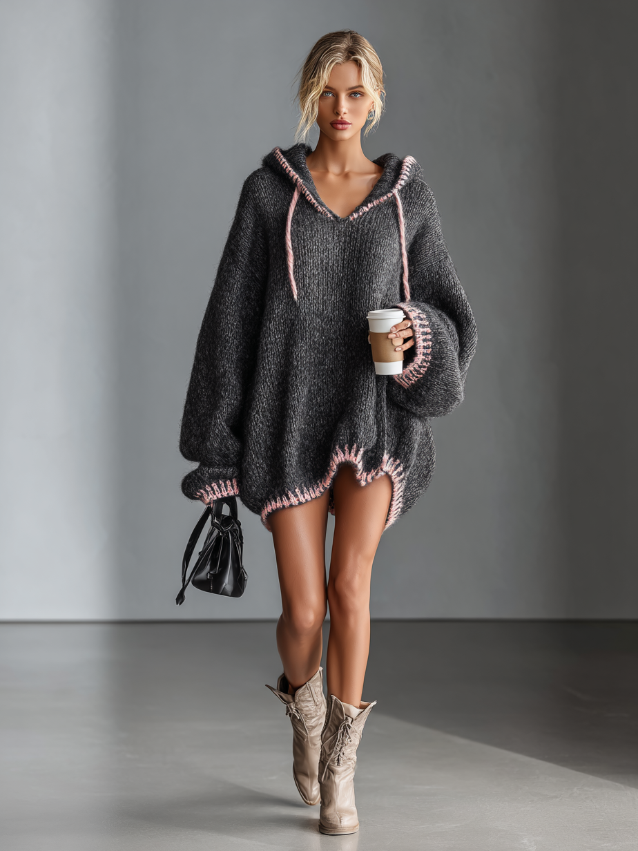 Women's Loose Mini Dress with Hood and Pink Accents