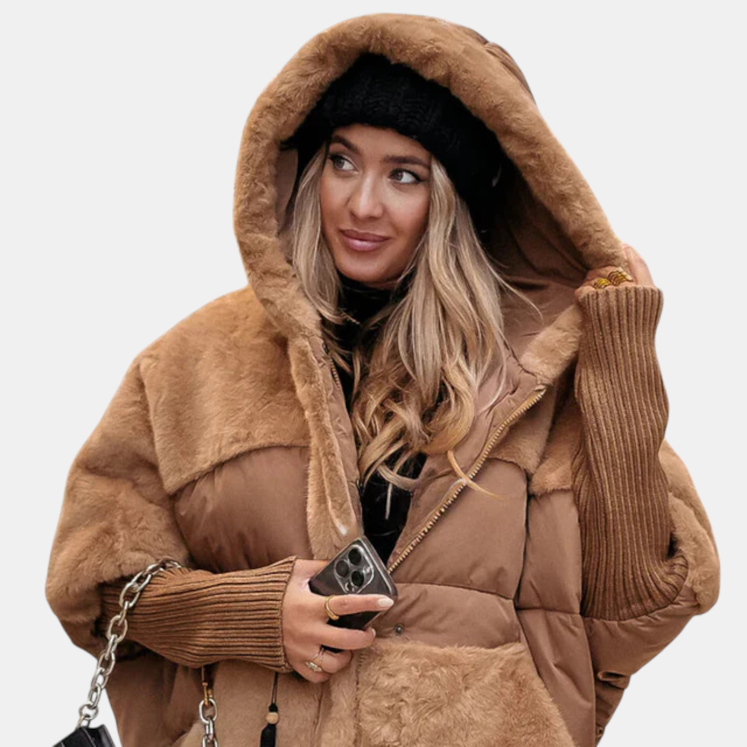 Oversized Puffer Jacket with Hood in Patchwork Style