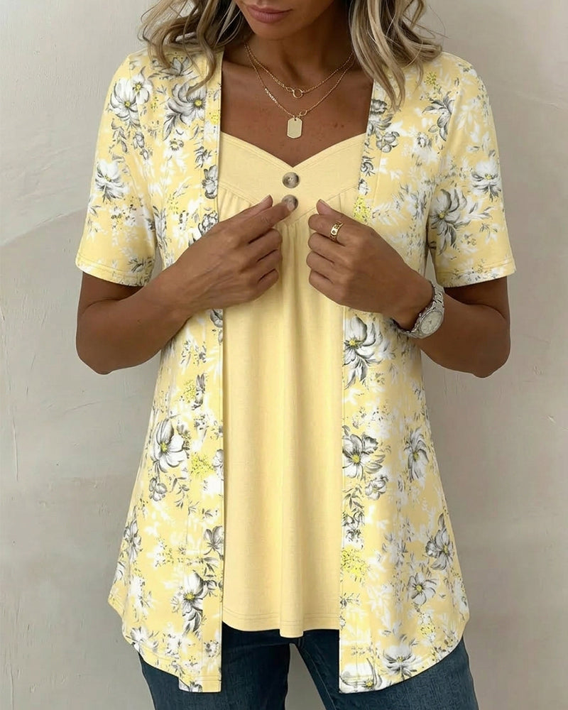 Flower Pattern T-Shirt False Two-Piece