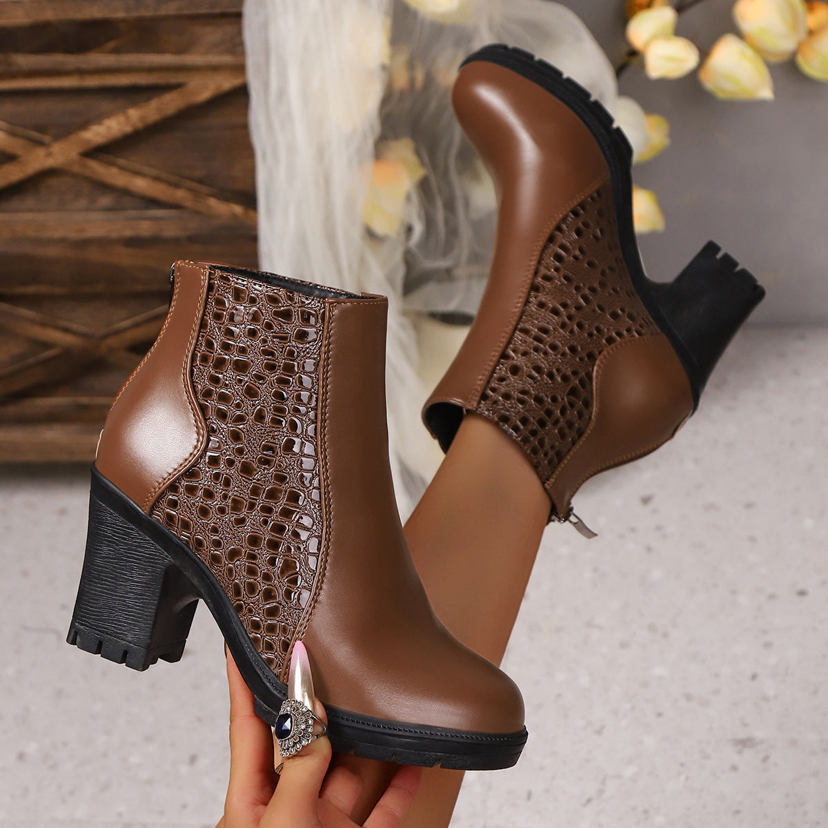 Women's Block Heel Ankle Boots with Cutout Detail