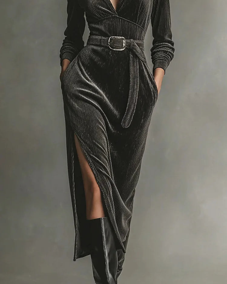 Elegant Corduroy Dress with Neck Tie and Side Slits