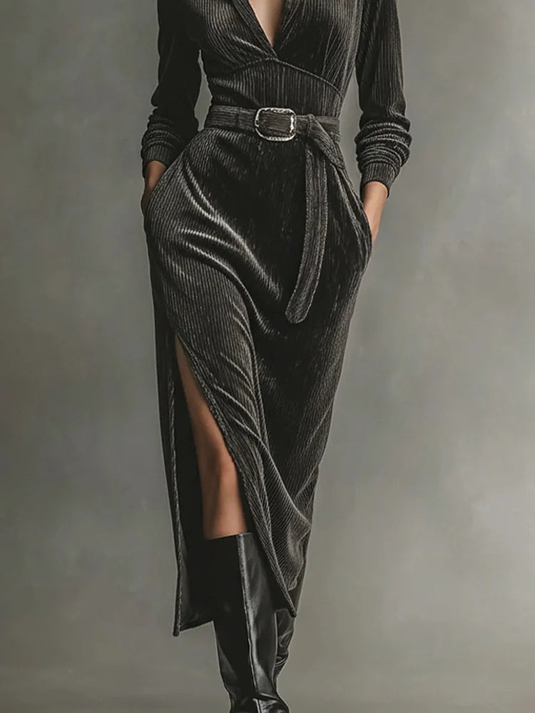 Elegant Corduroy Dress with Neck Tie and Side Slits