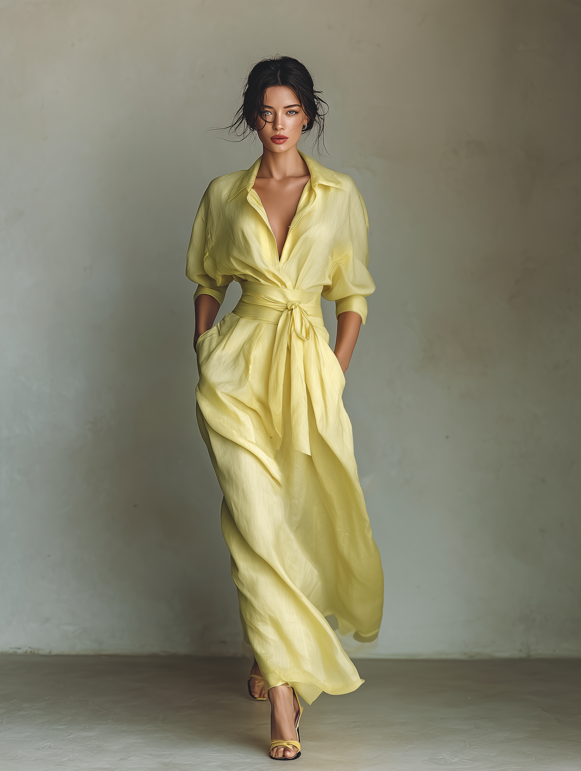 Lily™ | Lemon Tie-Belt Maxi Shirt Dress