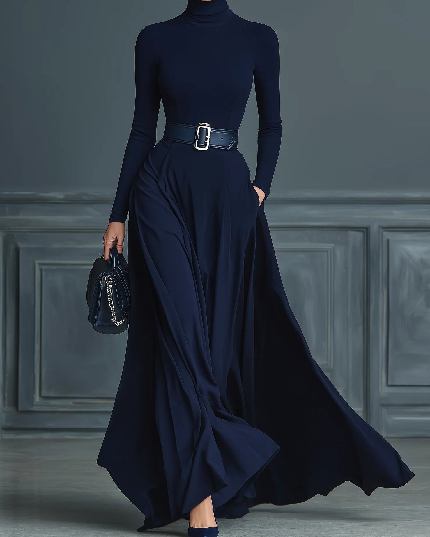Dark blue knitted dress with a high collar