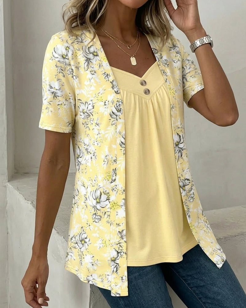 Flower Pattern T-Shirt False Two-Piece