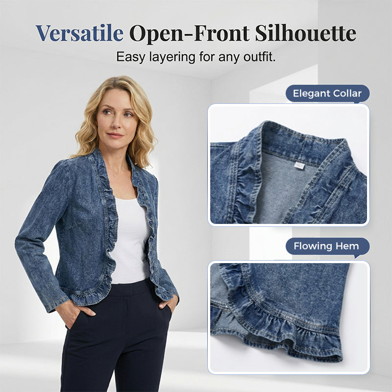 Women's Open Front Denim Jacket with Ruffle Trim