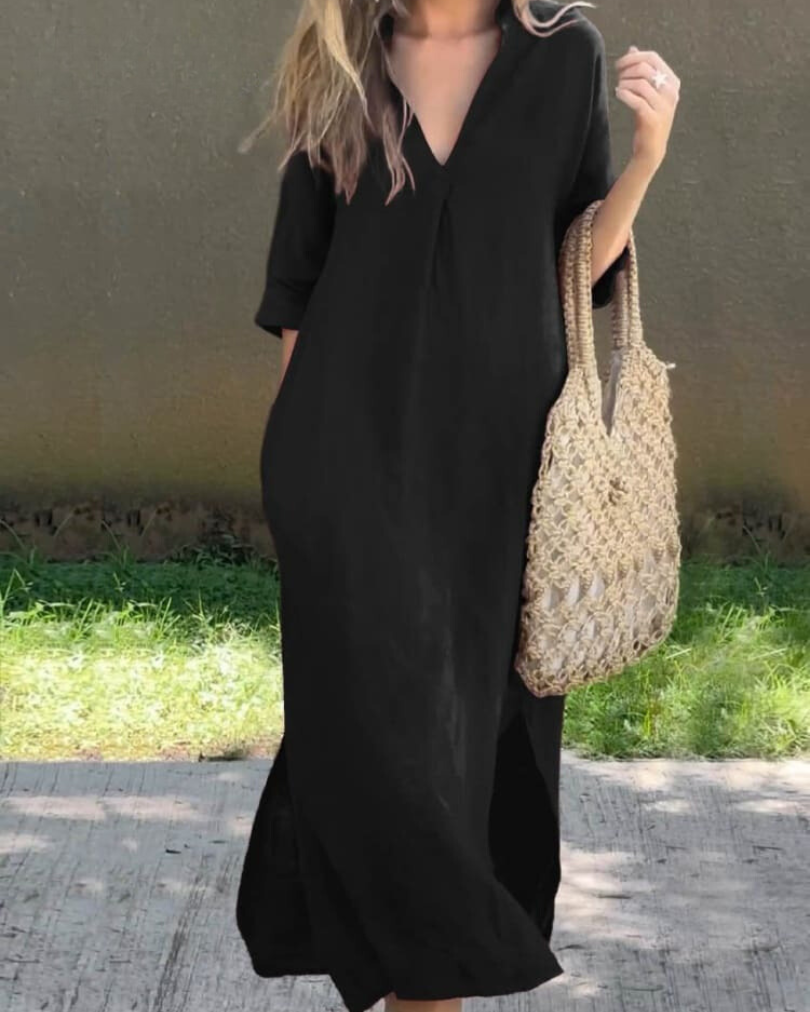 Women's Midi Dress with V-Neck in Loose Fit